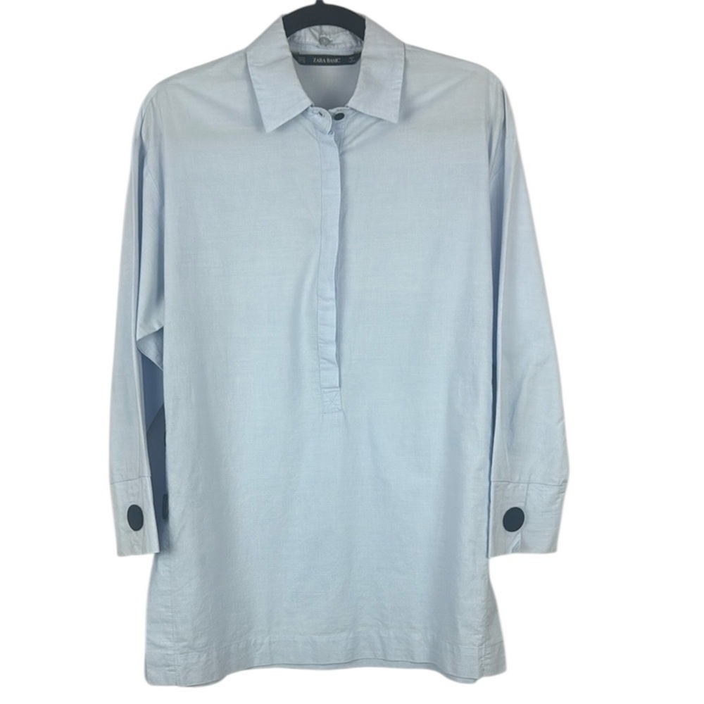 Zara Basic Light Blue Long Sleeve Black Button Details Classic Blouse Size XS